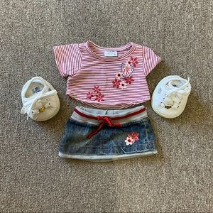 BUILD A BEAR SWEET 16 RED WHITE STRIPE TOP JEAN SKIRT AND SKETCHER SNEAKERS